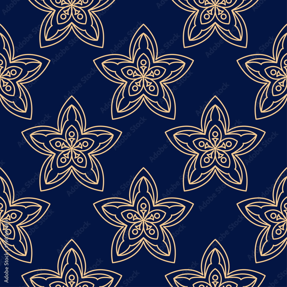 Fototapeta premium Golden floral seamless pattern on blue background