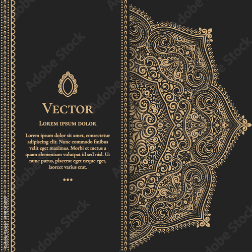 Gold vintage greeting card on a black background. Luxury ornament template. Mandala. Great for invitation, flyer, menu, brochure, postcard, background, wallpaper, decoration, or any desired idea