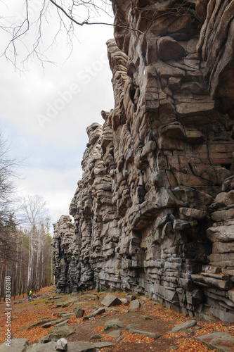 Wall made of large stones in the forest