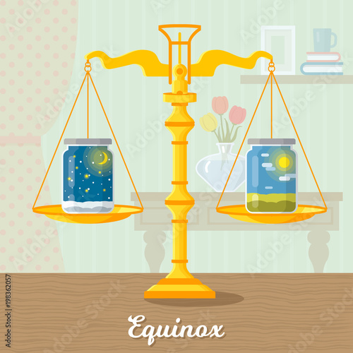 Vector flat illustration of the vernal equinox. Design concept with scales of justice and jars symbolizing equal duration of daytime and nighttime.