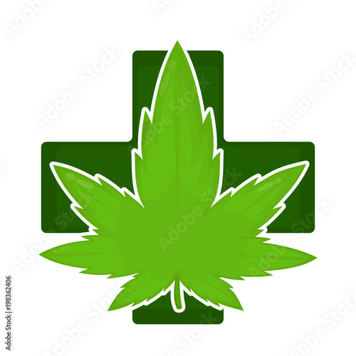 Marijuana weed green leaf in pharmacy cross