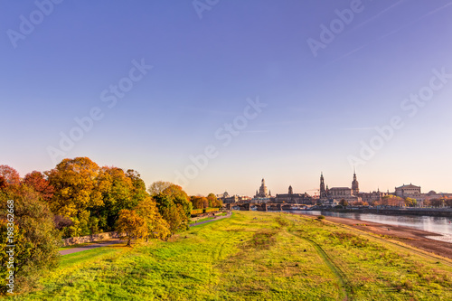 Historic old town of Dresden in autumn with colorful trees and leaves