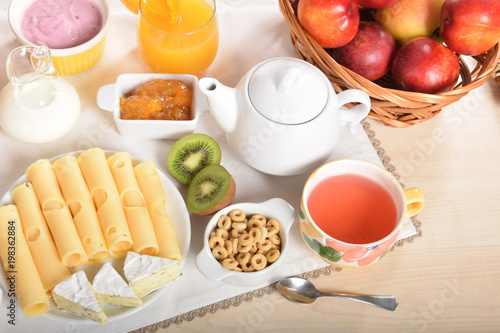 fruit tea white cheese and marmalade with oranges for dietary breakfast