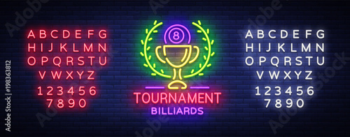 Billiards Tournament logo neon style. Neon sign Design Template for Billiard Club, Bar, Light Banner, Night Neon Advertising, Design Element, Bright Flare. Vector illustration. Editing text neon sign