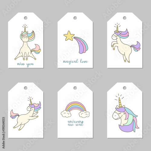 Set of tags with cute unicorns.