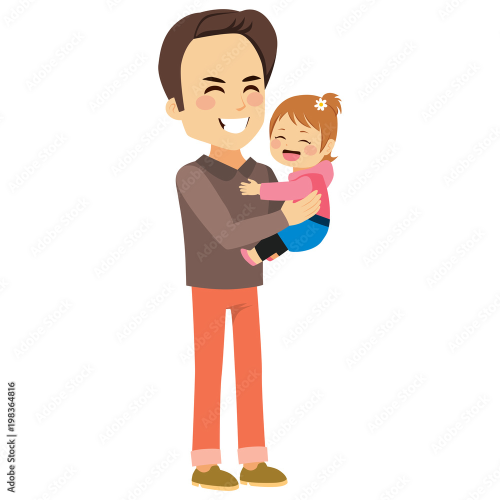 Young father holding cute cheerful daughter with happy face expression Young father holding cute cheerful daughter with happy face expression