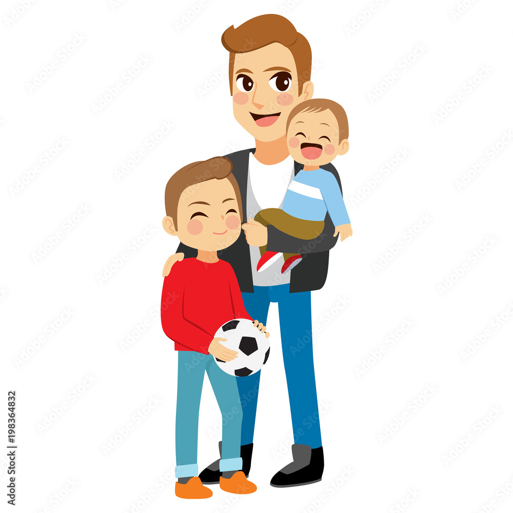 Young cool modern father with two little sons standing together Young cool modern father with two little sons standing together