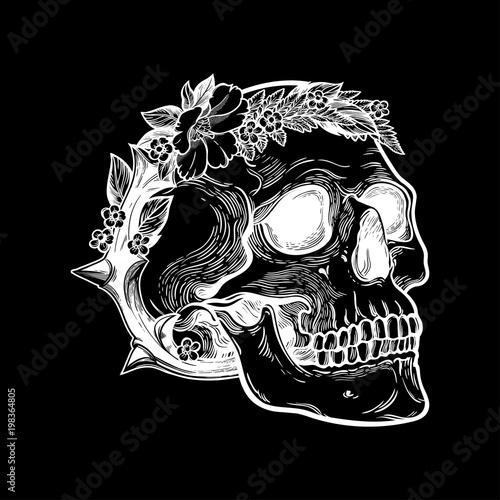 Romantic skull with wreath of flowers and thorns.