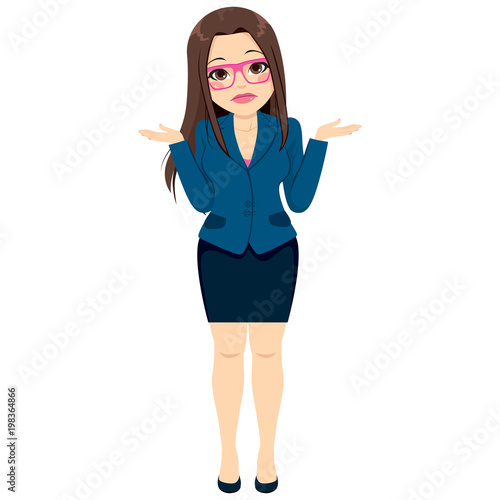 Beautiful young businesswoman shrugging with confused face expression standing