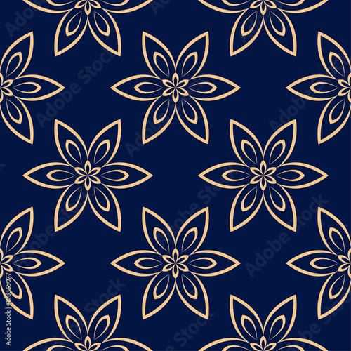 Golden floral seamless pattern on blue background