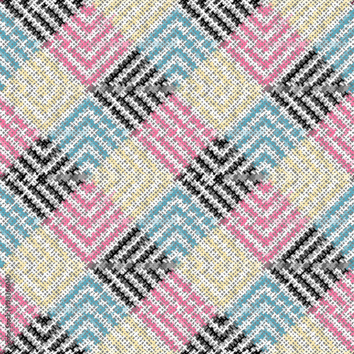 Seamless background pattern. Imitation of a texture of rough canvas painted with plaid pattern. Vector image.