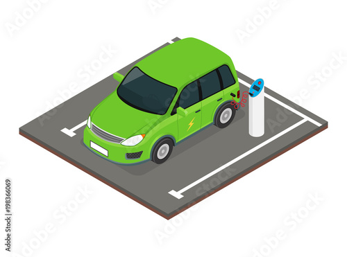 Isometric electric car charging at the charger station.