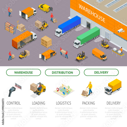 Isometric Warehousing and Distribution Services Concept. Warehouse Storage and Distribution. Ready template for web site or landing page of your company