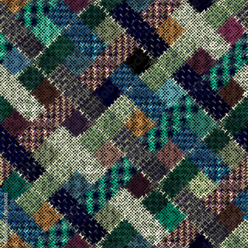 Seamless background pattern. Imitation of a texture of rough canvas painted with plaid pattern. Vector image.