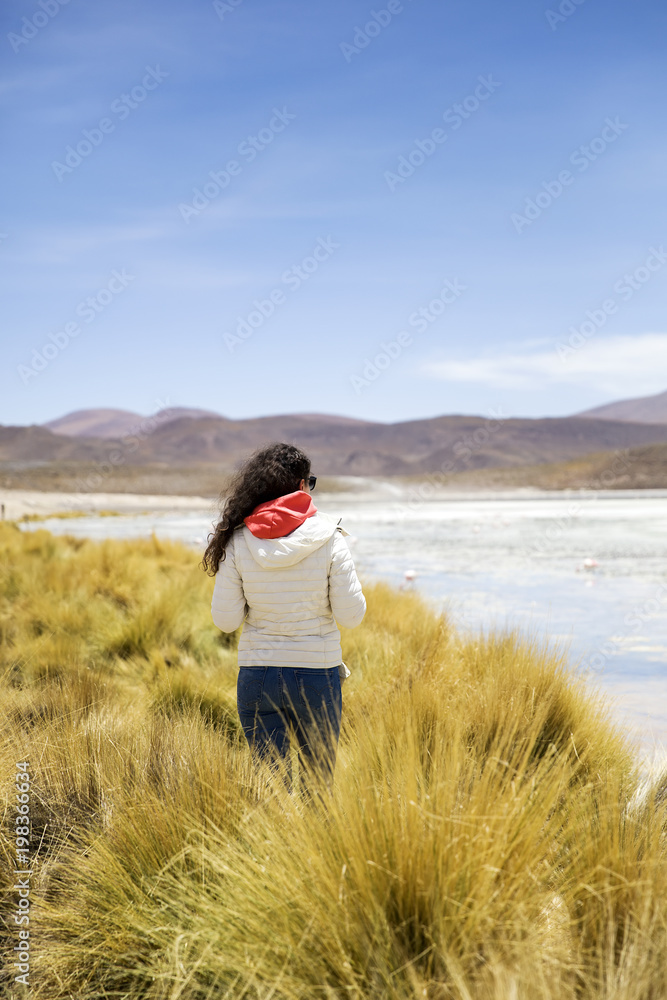 Young woman at Laguna Hedionda in Bolivia Young woman at Laguna Hedionda in Bolivia