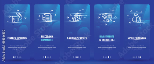 Fintech industry, Electronic commerce, Banking services, Investments in knowledge, Mobile banking Vertical Cards with strong metaphors.