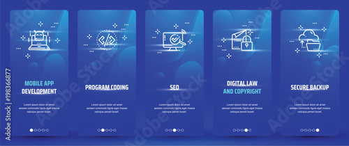 Mobile app development , Program coding, Seo, Digital law and copyright, Secure backup Vertical Cards with strong metaphors.