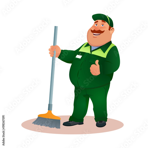 Happy flat cleaner in uniform from janitorial service or office cleaning. Funny cartoon janitor with mop and ok gesture. Smiling fat character in green suit with broom. Colorful vector illustration.