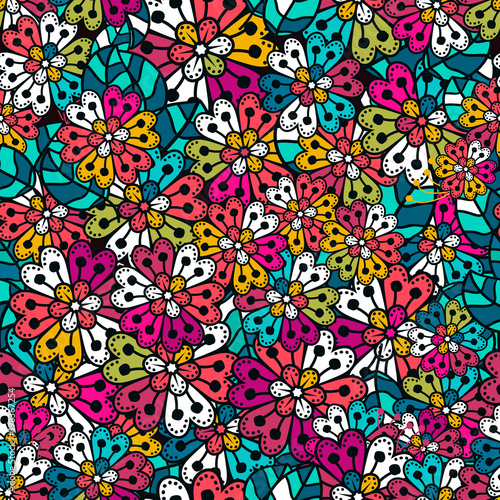 Seamless pattern. Decorated with leaves and flowers. Doodles style.