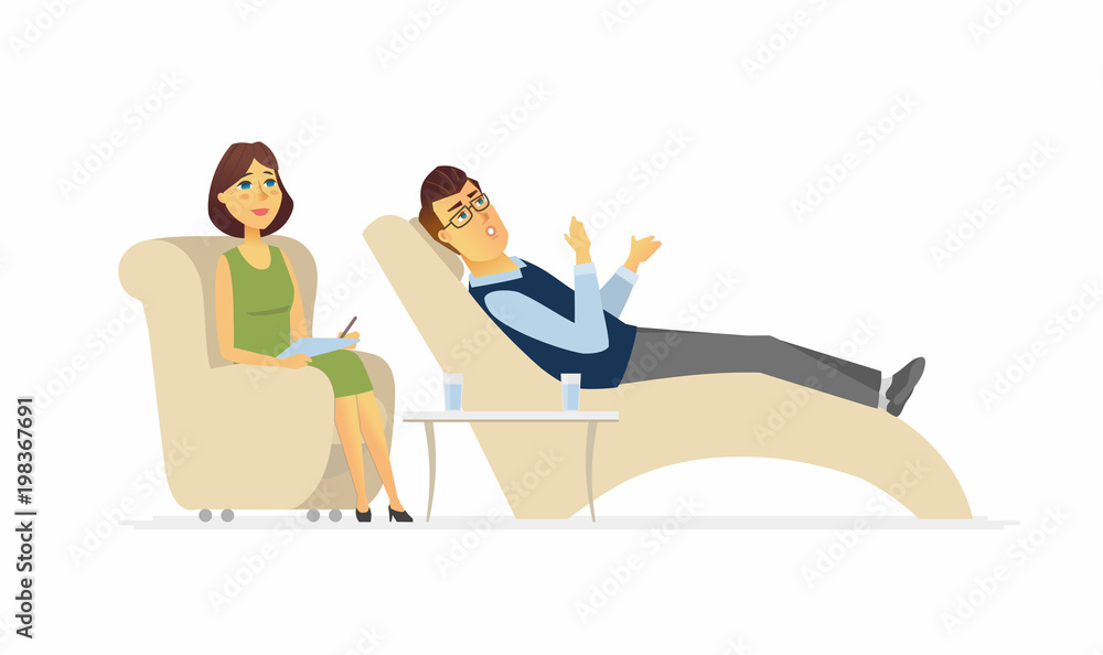 A man visiting a psychologist - cartoon people character isolated illustration