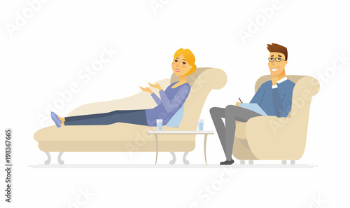 A woman seeing a psychologist - cartoon people character isolated illustration