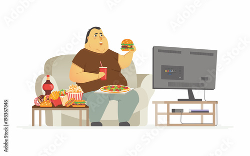 Fat man watching TV - cartoon people character isolated illustration