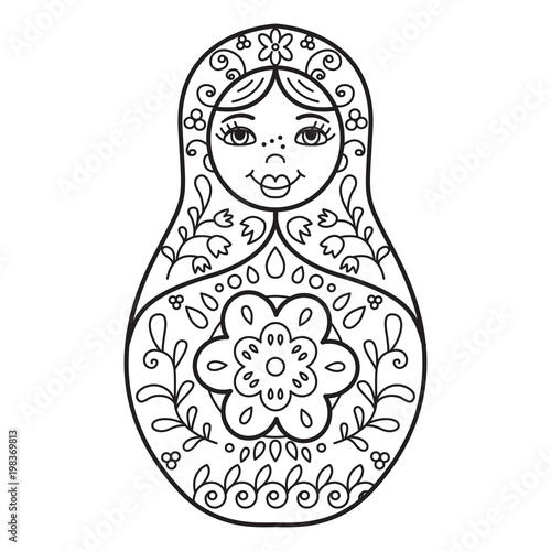 Russian traditional nested doll (matryoshka). Black and White Illustration. Template for style design.  