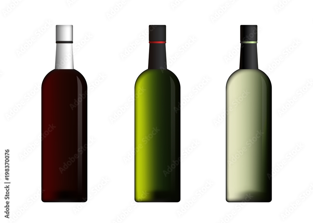 Wine Bottles In Red Green White Color Vector Set
