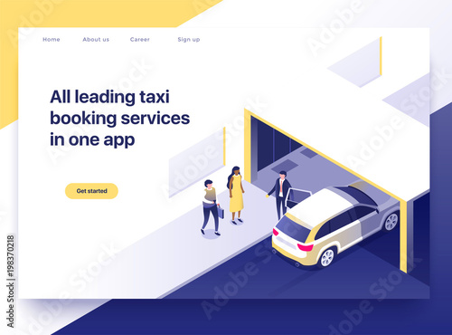 Taxi booking application concept. Business people getting a taxi using a smartphone. Landing page concept, isometric style illustration.