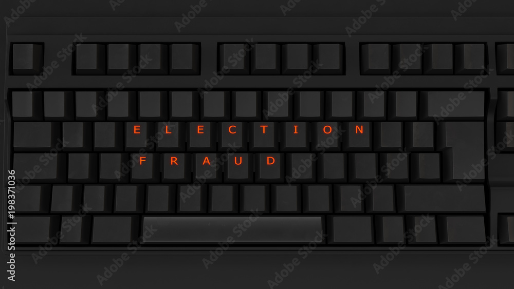 Close Up of Illuminated Glowing Keys on a Black Keyboard Spelling Election Fraud 3d illustration Close Up of Illuminated Glowing Keys on a Black Keyboard Spelling Election Fraud 3d illustration