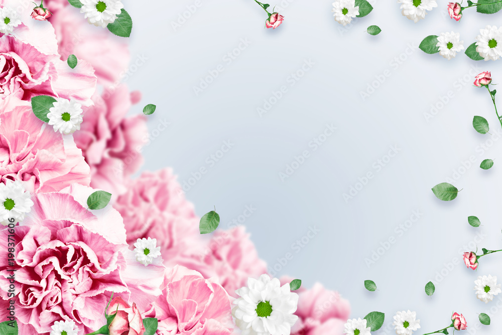 Pattern of pink and beige roses and green leaves on a white background. flat lay, top view, Mixed media. Spring background, Valentine's day, March 8