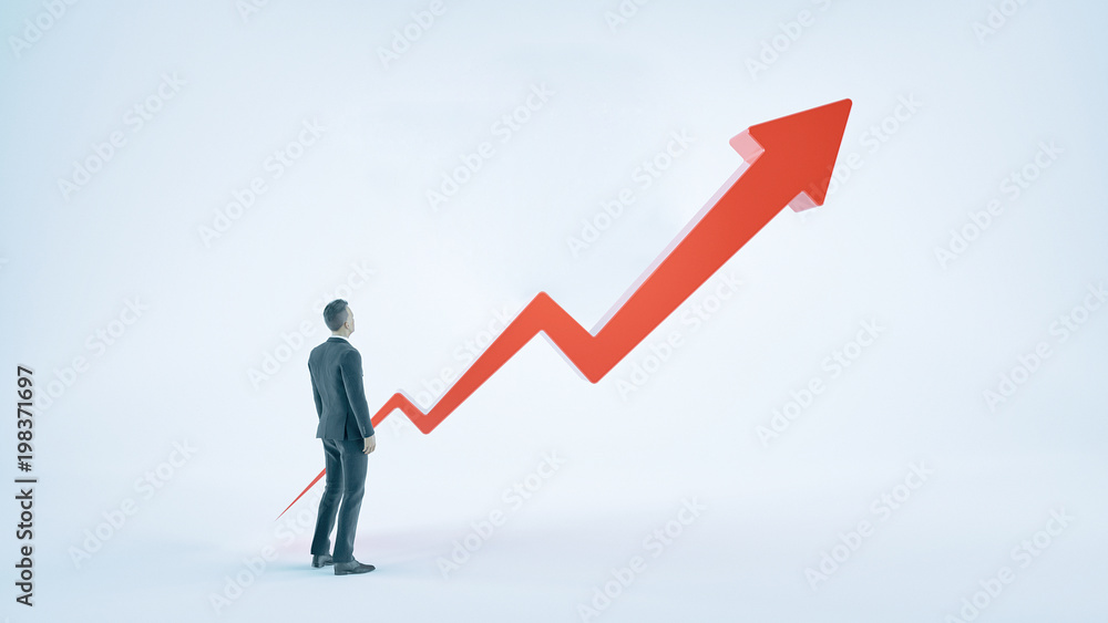 A businessman and red arrow seeking up. Financial background. A businessman and red arrow seeking up. Financial background.