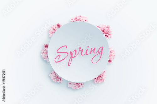 Spring background, pink, red and white carnations on a light background. Floral background. flat lay, top view, Mixed media. Valentine's Day, March 8