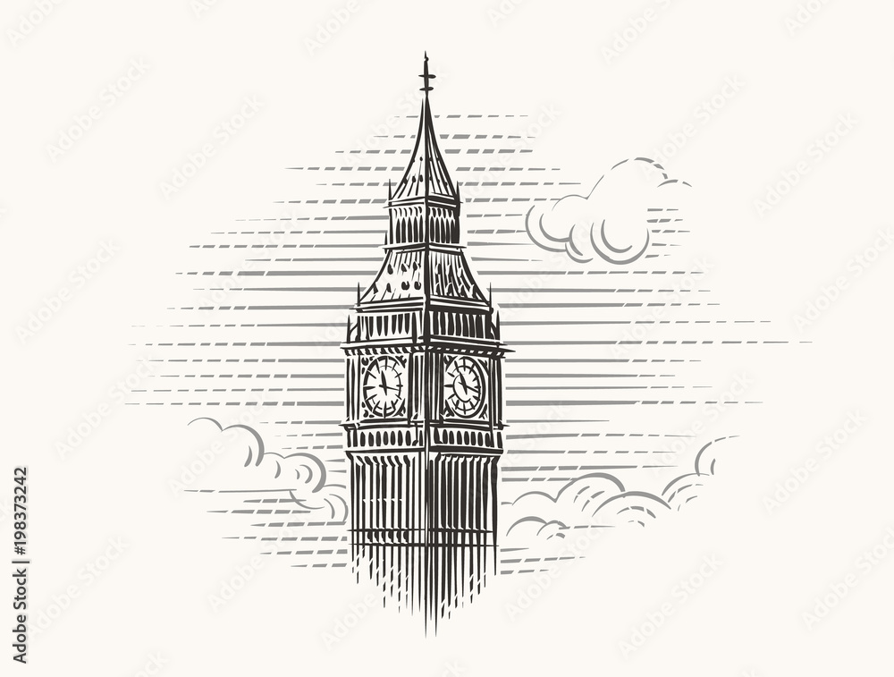 Elizabeth Tower (Big Ben) hand drawn illustration. Vector.