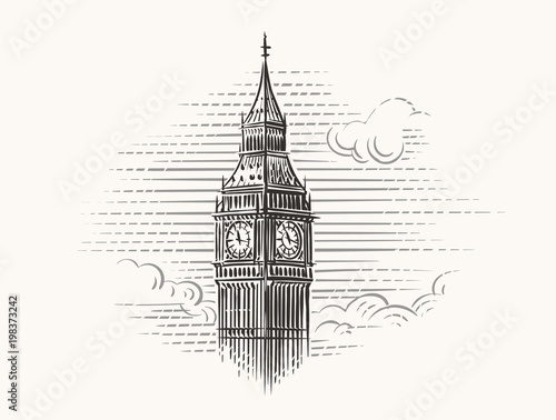 Canvas Print Elizabeth Tower (Big Ben) hand drawn illustration. Vector.