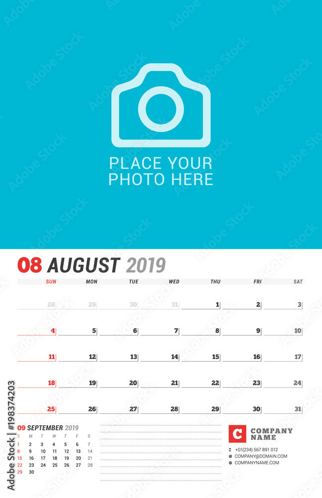 Wall calendar planner for 2019 year. August. Vector print template with place for photo. Week starts on Sunday Wall calendar planner for 2019 year. August. Vector print template with place for photo. Week starts on Sunday