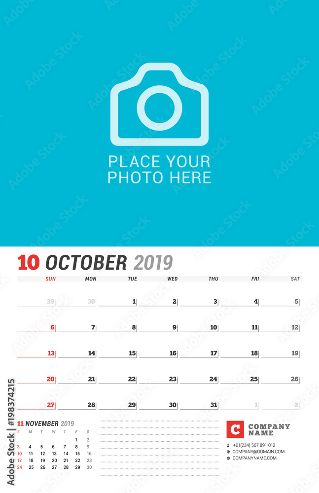 Obraz premium Wall calendar planner for 2019 year. October. Vector print template with place for photo. Week starts on Sunday