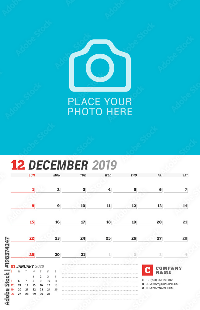 Wall calendar planner for 2019 year. December. Vector print template with place for photo. Week starts on Sunday Wall calendar planner for 2019 year. December. Vector print template with place for photo. Week starts on Sunday