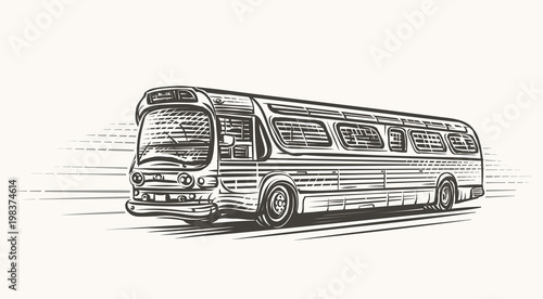 Old retro vintage bus hand drawn illustration. Vector. 