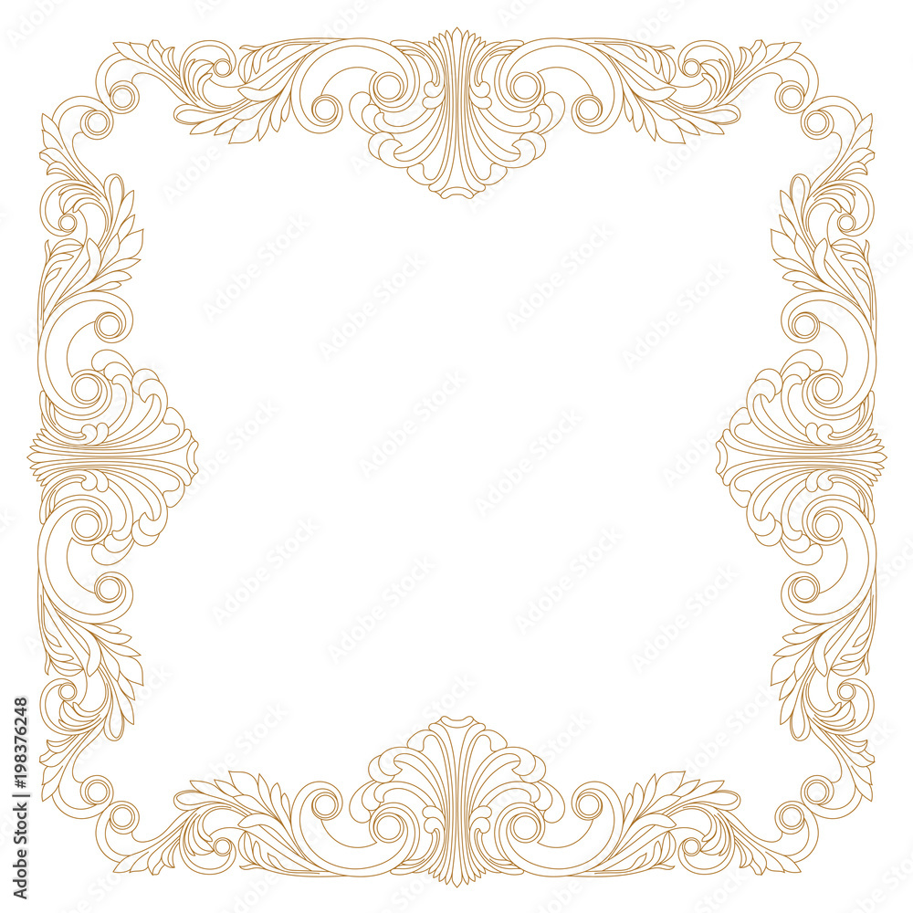Golden vintage border frame engraving with retro ornament pattern in antique baroque style decorative design. Vector