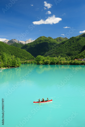 Kayaking on Soca River in Most na Soci, Slovenia.