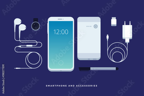 Set of phone accessories: smartphone, power bank, charger, mobile phone lens, flash card, headphones, stylus. Modern mobile technologies. Vector illustration.