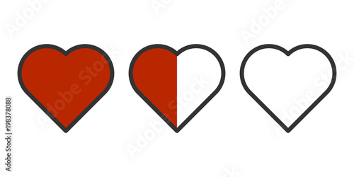 Vector image of three hearts in a row - completely filled, half of the fill and without pouring. Easily editable outline. Isolated on white background