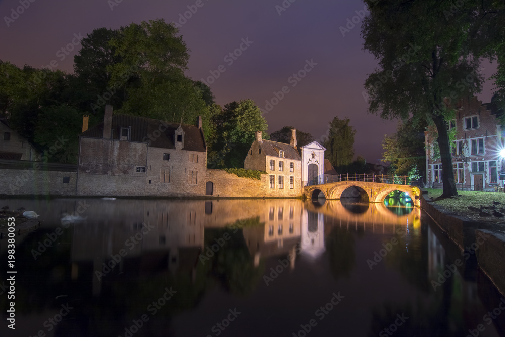 Lake of Love and Beguinage (Begijnhof) at night, Brugge, Belgium