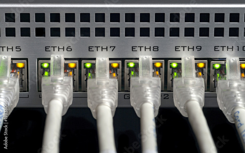Fotografie White network cables connected to a switch.