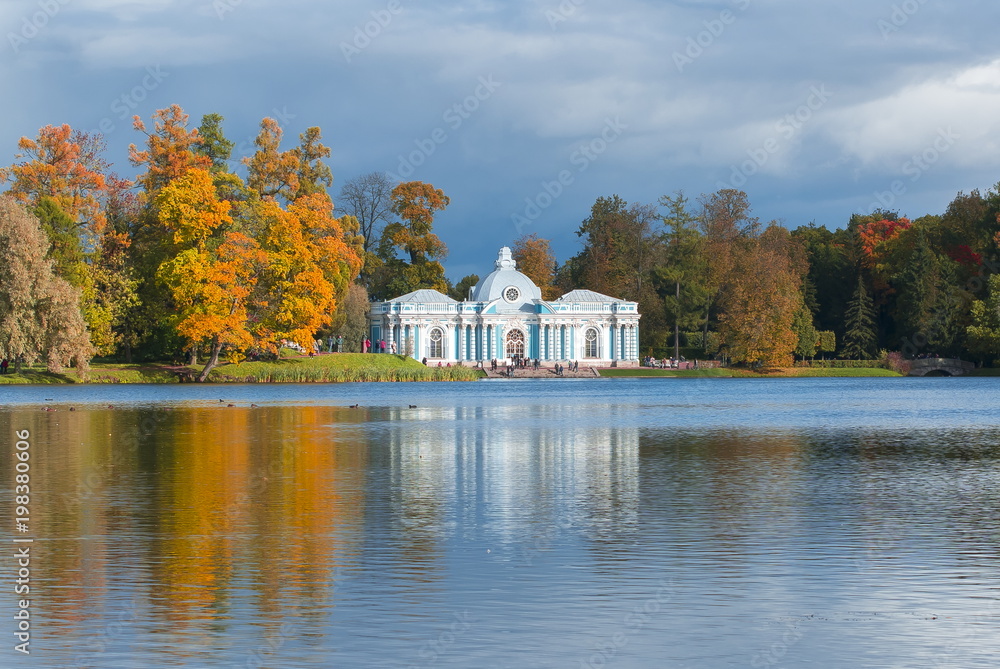 Fototapeta premium Grotto pavilion in autumn foliage in Catherine park, Tsarskoe Selo, Saint Petersburg, Russia