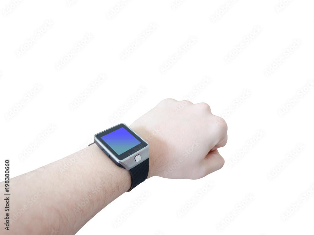 Man use wristwatch smart with interface screen for mock up. White background Man use wristwatch smart with interface screen for mock up. White background