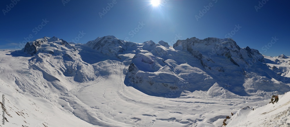 Panorama Foto vom Gornergletscher mit dem Monte Rosa, Dufourspitze, Lyskamm, Breithorn und dem Klein Matterhorn im Winter