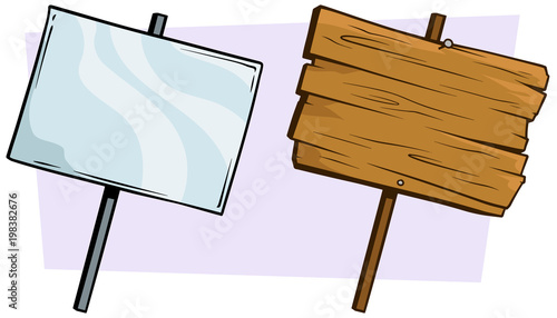 Cartoon wooden and glassy sign set