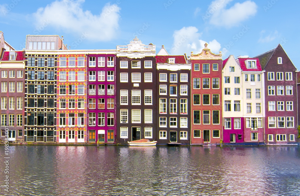 Buildings on Damrak canal, Amsterdam architecture, Netherlands